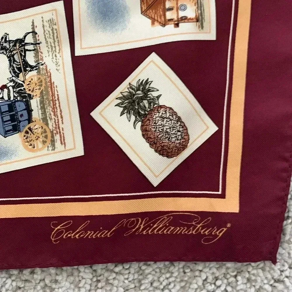 Colonial Williamsburg Square, silk scarf, maroon and gold